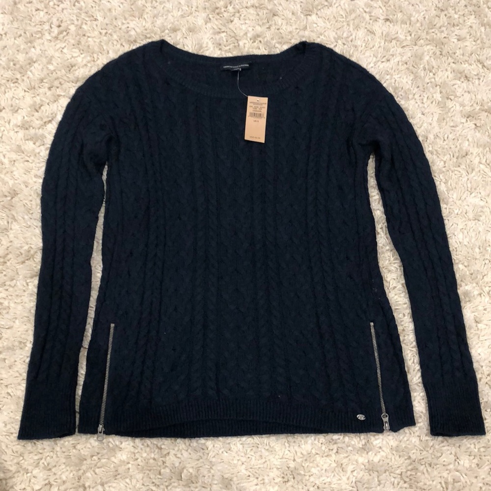 American Eagle Cable Zipper Sweater in Dark Blue
